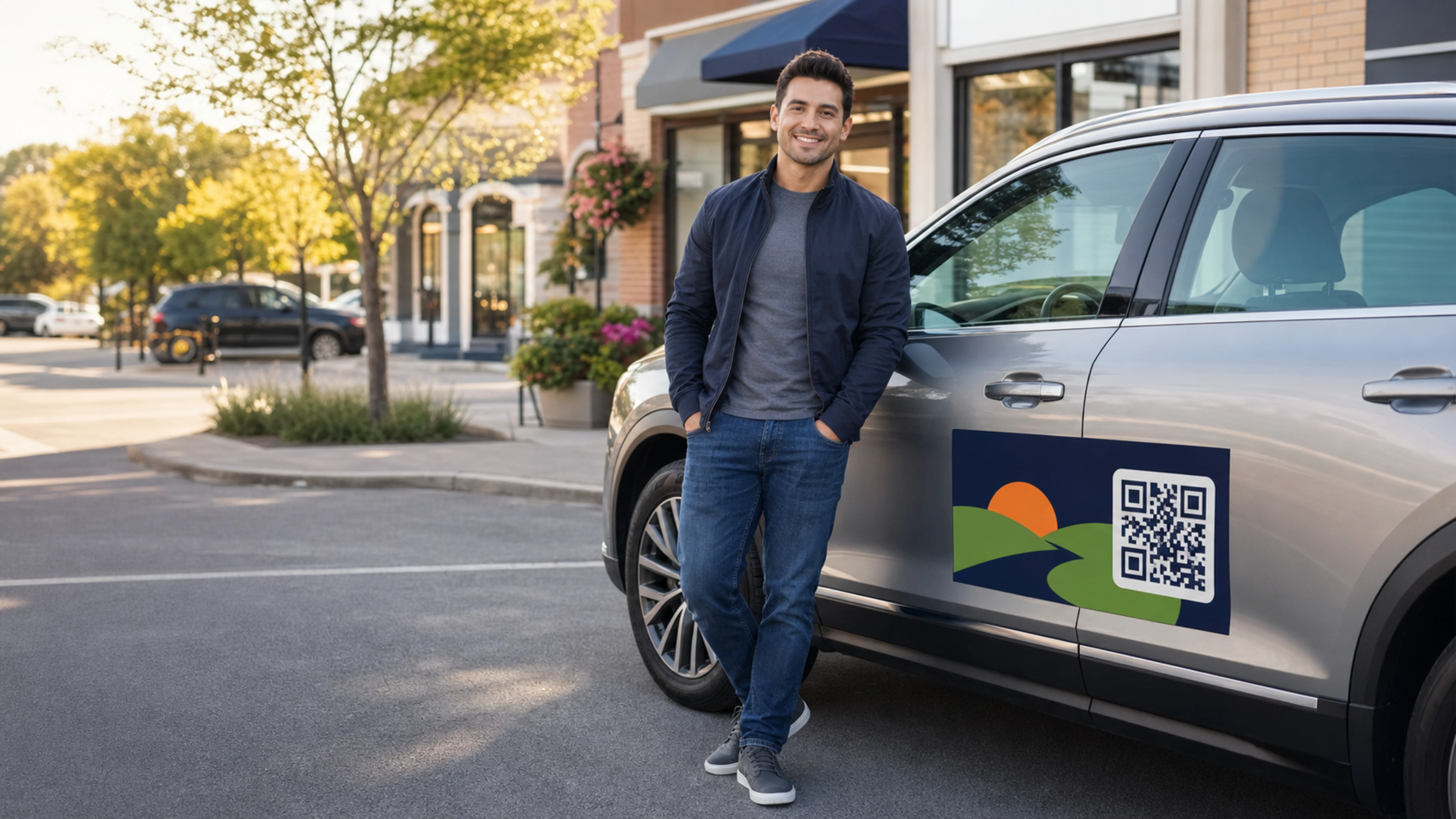 Driver standing beside a vehicle with a QR campaign magnet
