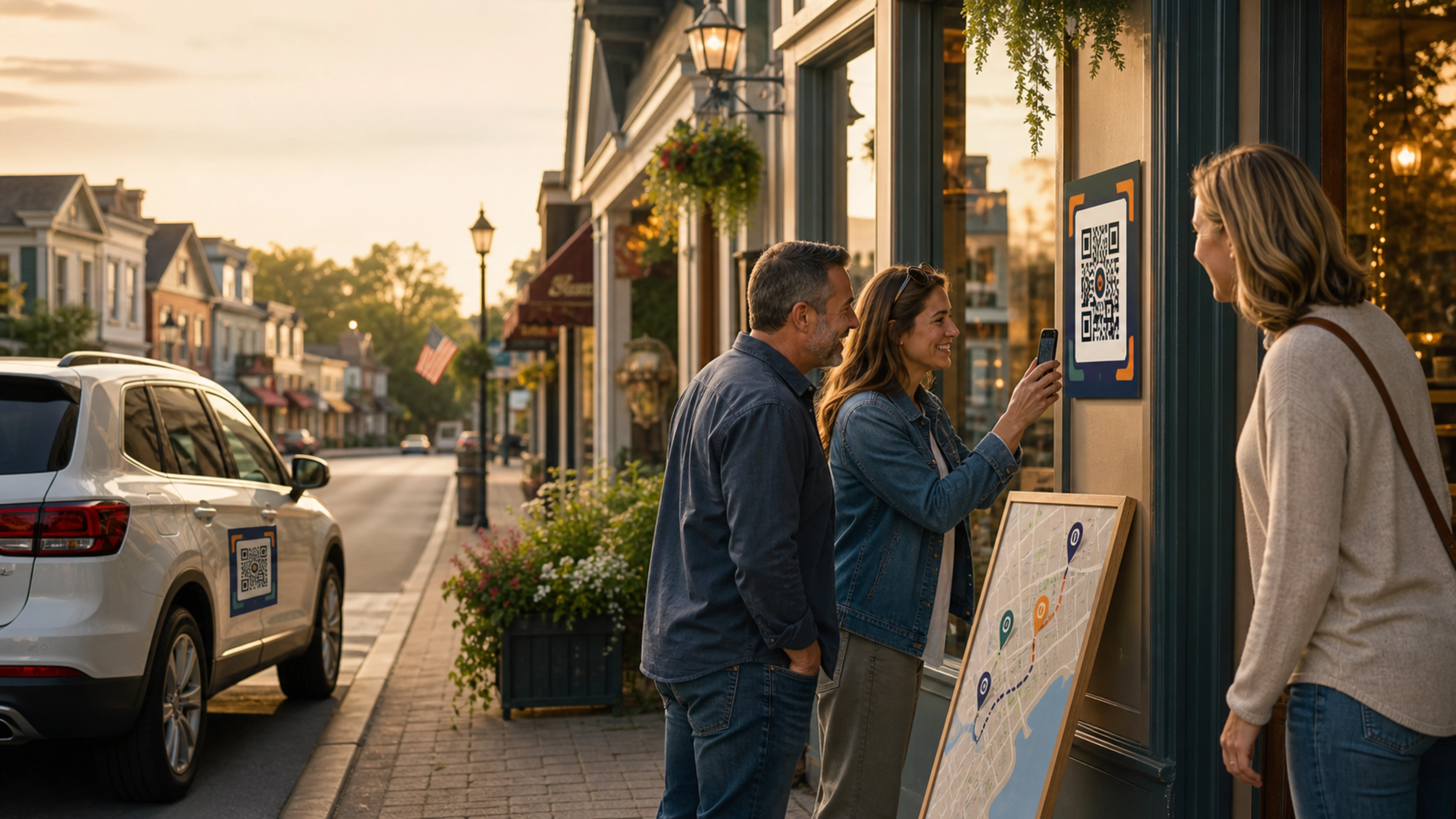 People scanning a QR clue outside a participating storefront
